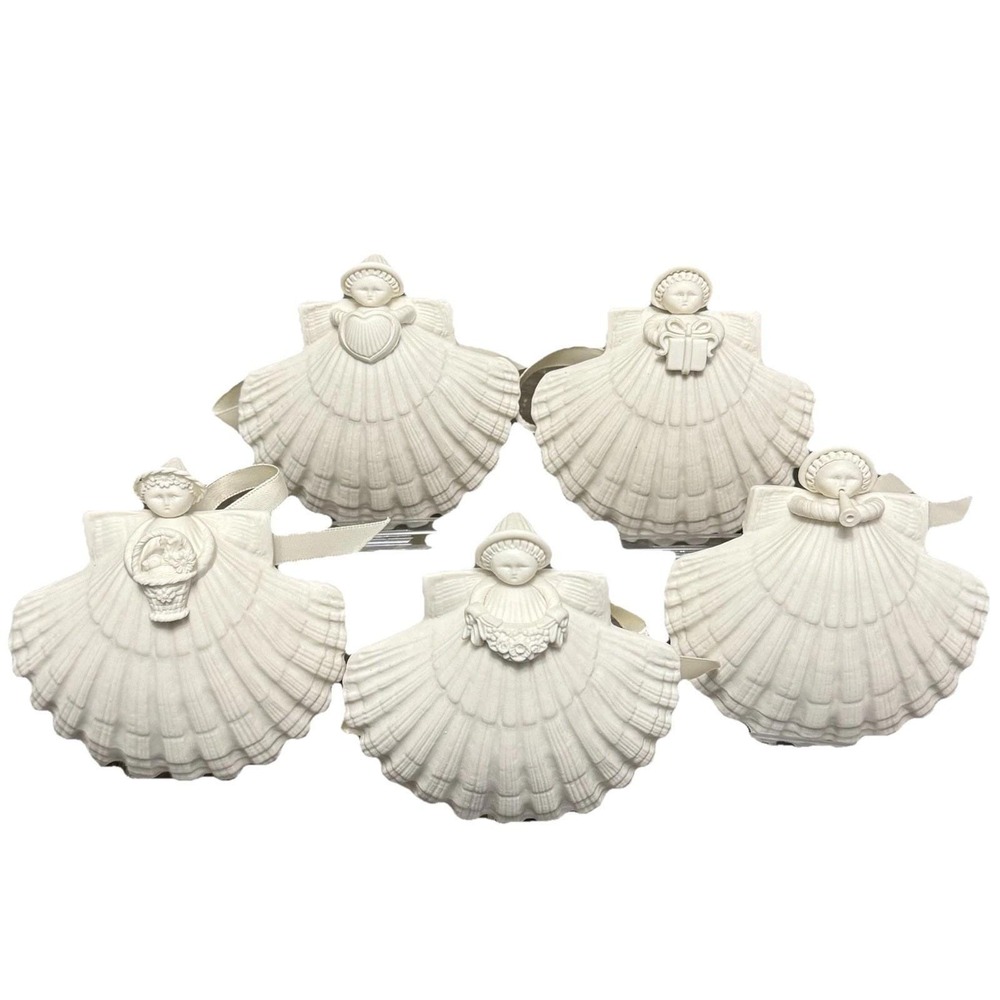 Margaret Furlong 4" Angel Ornaments Set of‎ 5 w/ Stands White Shell VTG